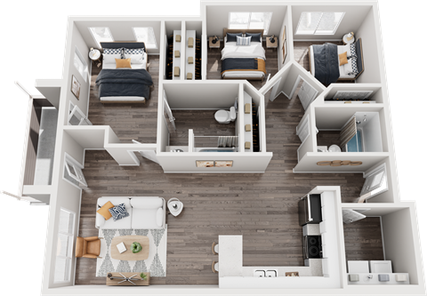 Floor plan for 3 beds, 2 baths, 1113 sqft